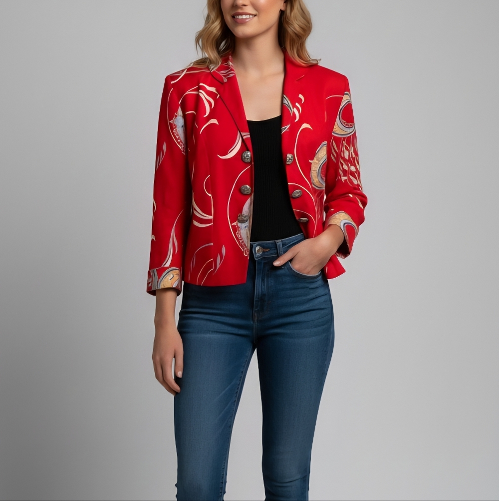🍓Vintage Red Rayon Blazer Jacket unique buttons